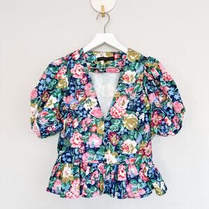 Endless Rose Floral Puff Sleeve Peplum Top Large Coquette Cottagecore